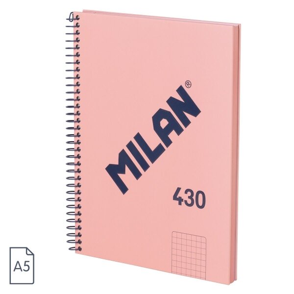 Cahier à Spirale Milan Serie 1918 Format A5 Grille 5x5mm - 80 Feuilles de 95 gr/m2 - Microperforé  2 Trous - Coloris Rose