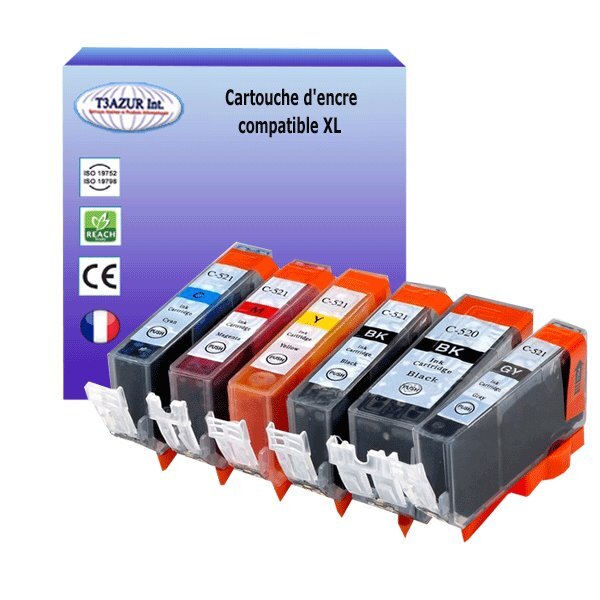 12 Cartouches compatibles avec Canon PGI-520 XL, CLI-521 XL  (2Bk/2PBk/2C/2M/2Y/2GY) - T3AZUR
