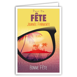 Carte Bonne Fête Journée Farniente avec Enveloppe - Affichette Mini Posters Format 17x11 5cm - Prénom Vive Saint Nicolas Sainte Catherine Lunettes Soleil Paradis île Palmier Rétro Vintage