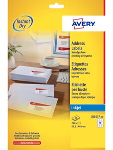 J8161-40 - 720 étiquettes d'adressage blanches adhésives personnalisables. 63,5x46,6mm.... Avery