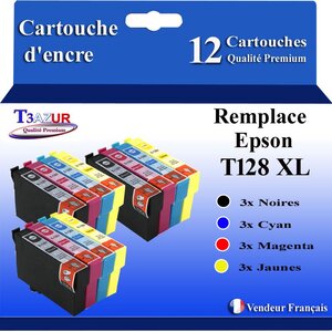 T3AZUR- 12x Cartouches Compatibles avec Epson T1281 T1282 T1282 T1284 remplace Epson Stylus Office S22 SX125 SX130 SX230 SX235W