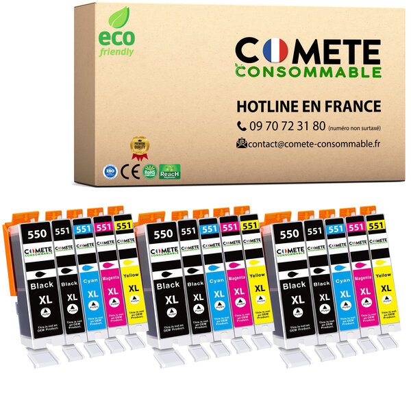 COMETE, Entreprise française - 550 551 XL - 15 Cartouches d'encre Compatibles avec Canon PGI-550 CLI-551 / 550XL 551XL - pour Cartouche Canon mg5650 mg5550 Cartouche mg6650… (15)