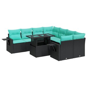 vidaXL Salon de jardin avec coussins 9Pièces noir résine tressée acacia