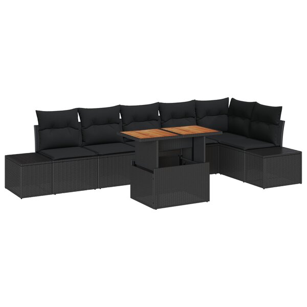 vidaXL Ensemble salle à manger jardin 7 pièces avec coussins noir poly rattan acacia