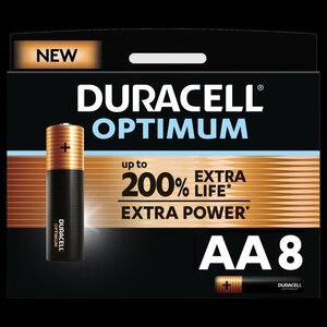 Duracell - NOUVEAU Piles alcalines AA Optimum, 1.5 V LR6 MX1500, paquet de 8