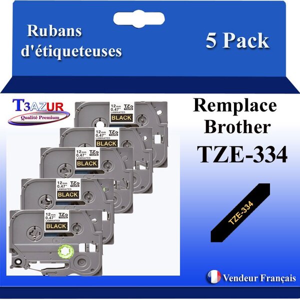 5x Rubans d'étiqueteuses compatibles avec Brother Tze334 Tze-334 pour étiqueteuses P-touch - Texte doré sur fond noir - Largeur 12 mm x 8 mètres - T3AZUR