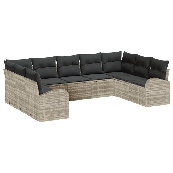 Canapé de jardin 9 pièces avec coussins gris clair en poly rotin