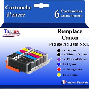 T3AZUR - 6x Cartouches compatibles avec Canon PGI-580 CLI-581 XXL pour Canon Pixma TS8100 TS8150 TS8151 TS8152 TS8200 TS8240