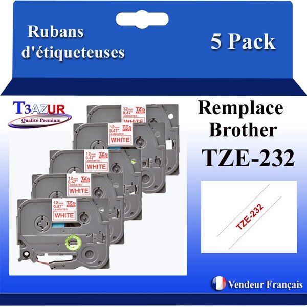 5x Rubans d'étiqueteuses compatibles avec Brother Tze232 Tze-232 pour étiqueteuses P-touch - Texte rouge sur fond blanc - Largeur 12 mm x 8 mètres - T3AZUR