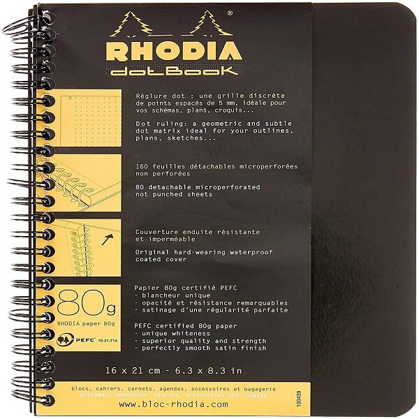 Rhodia Cahier à Spirale (Reliure Intégrale) Notebook Noir - A5+ - Pointillés Dot - 160 pages Détachables