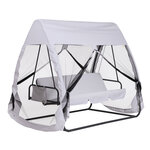 Balancelle de jardin convertible 3 places grand confort : matelas assise dossier  moustiquaire intégrale zippée avec toit   pochette rangement métal époxy polyester blanc
