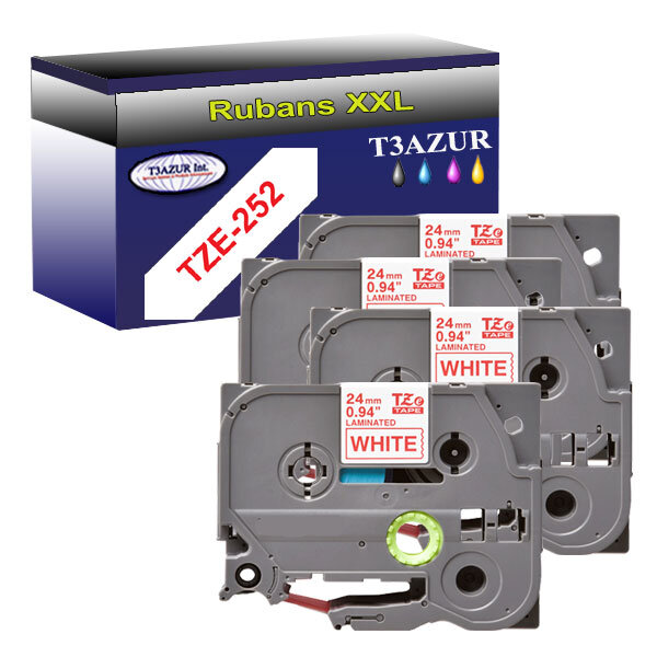 4 x Rubans pour étiquettes laminées génériques Brother Tze-252 pour étiqueteuses P-touch - Texte rouge sur fond blanc- T3AZUR