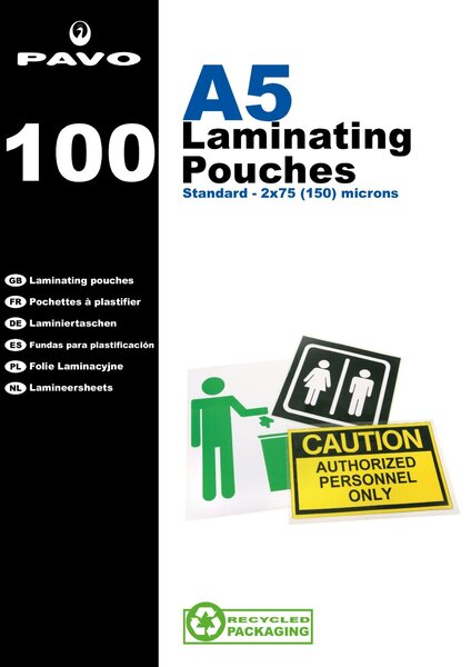 Pack de 100 Pochettes de Plastification A5 2 x 75 microns Brillant PAVO