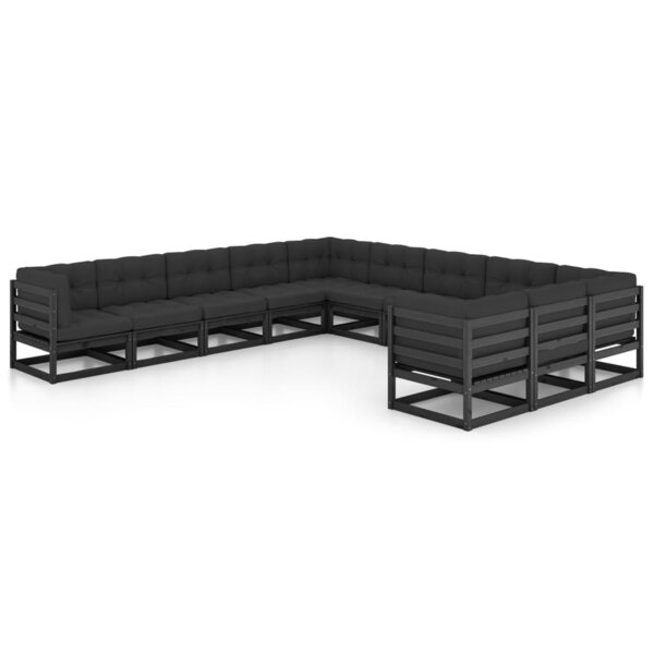 vidaXL Salon de jardin 11 Pièces avec coussins Noir Bois de pin massif
