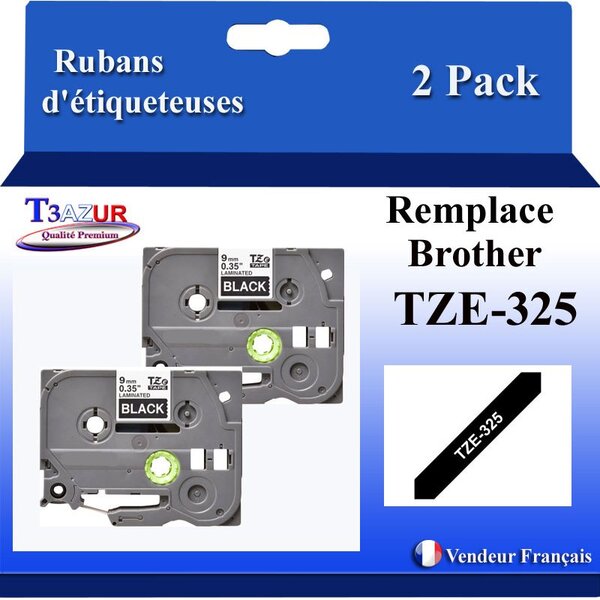 2x Rubans d'étiqueteuses compatibles avec Brother Tze325 Tze-325 pour étiqueteuses P-touch - Texte blanc sur fond noir - Largeur 9 mm x 8 mètres - T3AZUR