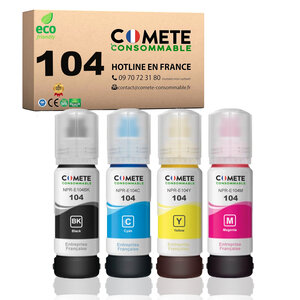 COMETE, Entreprise Française- 104- pack 4 Recharges Ecotank Compatibles EPSON