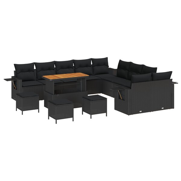 Ensemble de canapé de jardin de 14 pièces avec coussins Noir en rotin synthétique Acacia