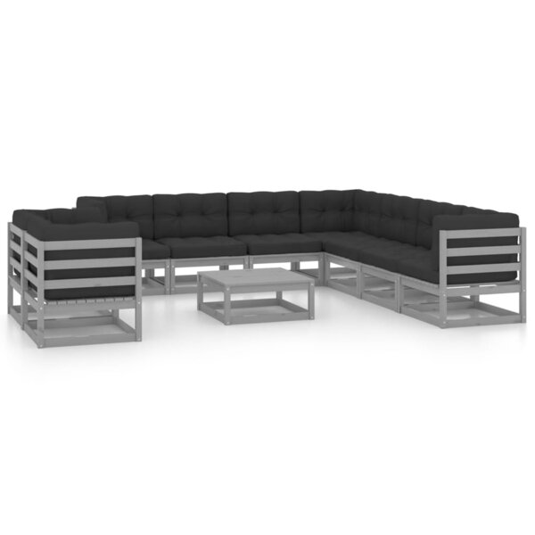 vidaXL Salon de jardin 10 Pièces avec coussins Gris Bois de pin massif
