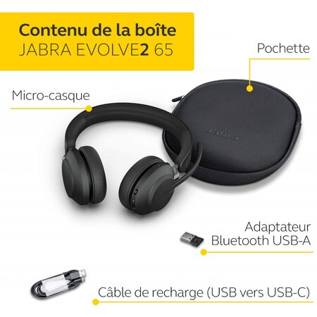 Jabra Evolve 65 Casque Sans Fil Stéréo – Casque Certifié Microsoft avec  Batterie Longue Durée – Adaptateur USB Bluetooth – Noir : :  High-Tech