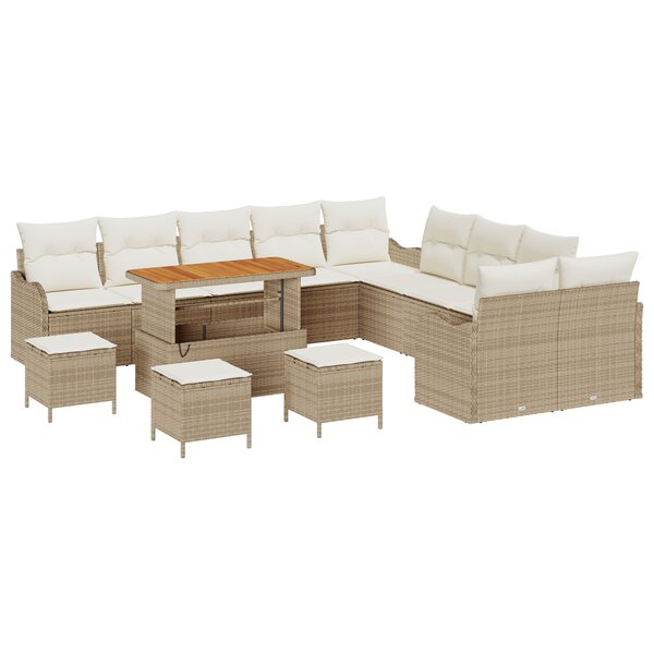 Ensemble de canapé de jardin vidaXL 14 pièces avec coussins Beige Poly Rotin Acacia