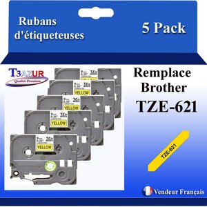 5x Rubans d'étiqueteuses compatibles avec Brother Tze621 Tze-621 pour étiqueteuses P-touch - Texte noir sur fond jaune