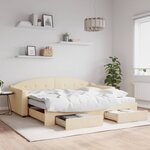 vidaXL Lit de jour avec gigogne et tiroirs crème 90x200 cm tissu