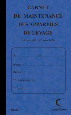 Piqûre 32 pages carnet maintenance p/ appareil de levage folioté de 1 à 15 ELVE