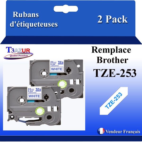 2x Rubans d'étiqueteuses compatibles avec Brother Tze253  Tze-253 pour étiqueteuses P-touch - Texte bleu sur fond blanc - Largeur 24 mm x 8 mètres - T3AZUR