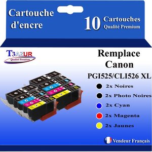 T3AZUR - 10x Cartouches compatibles avec Canon PGI525 CLI-525 XL pour Canon Pixma IP4850 IP4950 IX6550 MG5140 MG5150 MG5240 MG5250 MG5340 MG5350 MX715 MX885 MX895