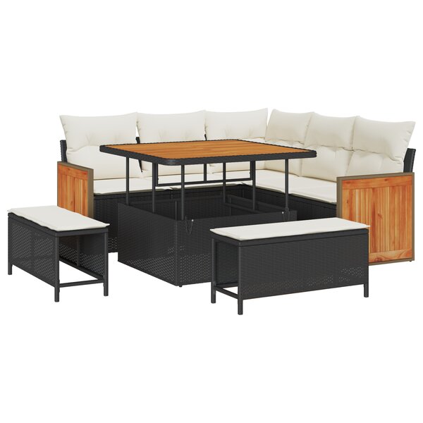 Ensemble de canapé de jardin de 8 pièces avec coussins Noir Poly Rattan Acacia
