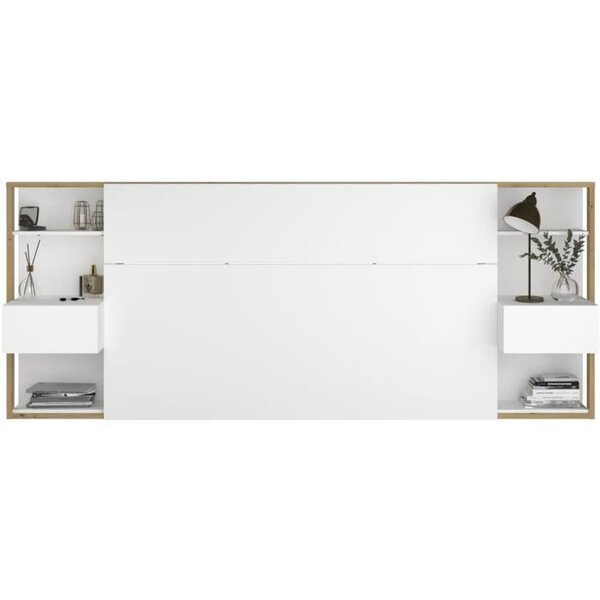 Tête de lit avec étagères + chevets chêne artisan et blanc 255 x 36 x Hauteur 103 cm