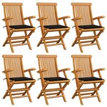 vidaXL Chaises de jardin avec coussins noir lot de 6 Bois teck massif