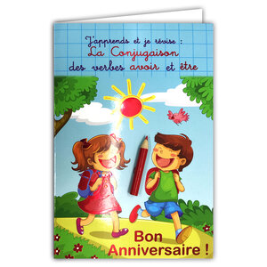 67-1103-A Carte Pédagogique Bon Anniversaire avec Crayon de couleur aléatoire et Enveloppe Jaune J'apprends et je révise les Conjugaisons des verbes avoir et être pour Enfants CE1 CE2 dès 6 7 8 9 ans