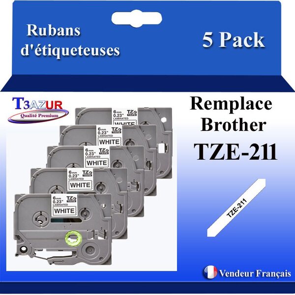 5x Rubans d'étiqueteuses compatibles avec Brother Tze211 Tze-211 pour étiqueteuses P-touch - Texte noir sur fond blanc - Largeur 6 mm x 8 mètres - T3AZUR