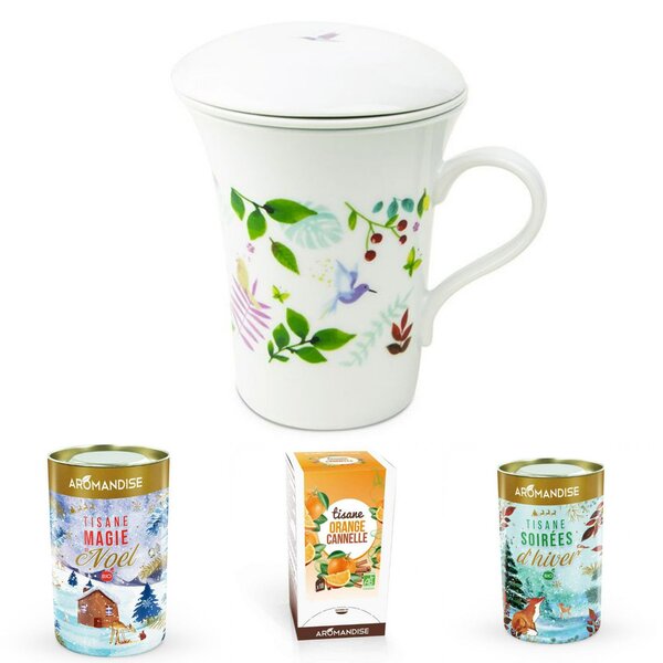 Tisanière fleurie porcelaine 250 ml + Trio tisanes festives - Soirées d'hiver Noël Orange Canelle