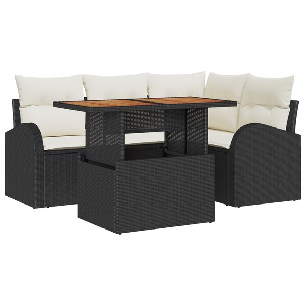 vidaXL Ensemble de Salle à Manger de Jardin de 5 Pièces avec Coussins Noir Rattan Poly Acacia