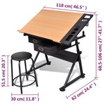 vidaXL Table à dessin inclinable 2 tiroirs et tabouret