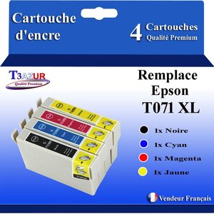 T3AZUR- 4x Cartouches Compatibles avec Epson T0711 remplace Epson Stylus Office SX405 SX410 SX415 SX510W SX515W SX600FW SX610FW