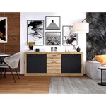Buffet Mélaminé chêne et noir - 4 portes + 3 tiroirs - Style industriel - 206 x 45 x 83 5 cm