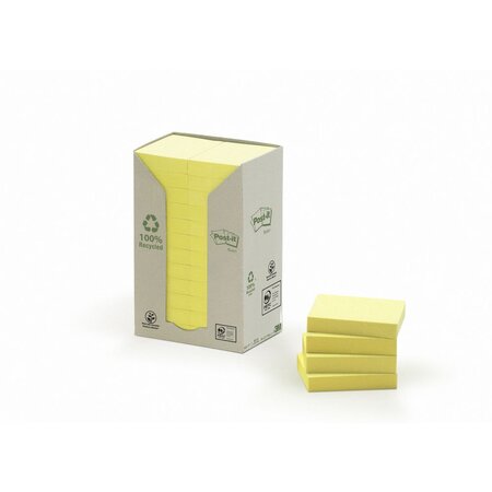 Tour de Notes adhésives, 100 feuilles, papier recyclé, jaune, 38 x 51 mm (paquet 24 blocs)