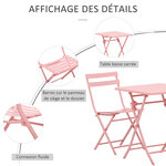 Salon de jardin bistro pliable - table carrée dim. 60L x 60l x 71H cm avec 2 chaises - métal thermolaqué rose