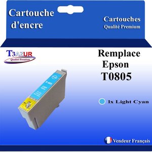 T3AZUR- Cartouche Compatible avec Epson T0805 remplace Epson Stylus Photo P50 PX650 PX660 PX-650 PX-660 Light Cyan