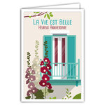 Carte Heureux Anniversaire avec Enveloppe - Mini Posters Format 17x11 5cm - La Vie est Belle Fleurs Roses Trémières Façade Maison Volets Rétro Vintage - Fabriquée en France