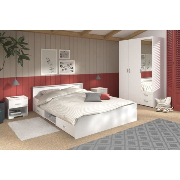 Lit 140 x 190 avec tiroir + armoire 3 portes et 2 tiroirs + 2 chevets - Décor Blanc