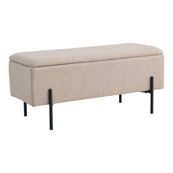 Banc en polyester bouclé beige avec rangement et pieds noirs 95 x 36 5 x 46 cm