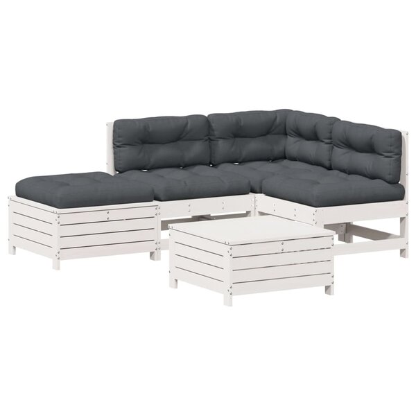 vidaXL Salon de jardin 5 Pièces avec coussins blanc bois massif de pin