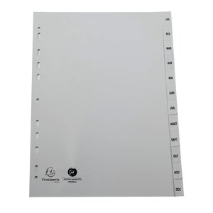 Intercalaires Imprimés Mensuels Pp Recyclé Gris Janvier-décembre - 12 Positions - A4 - Gris - Exacompta