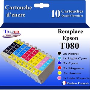 T3AZUR- 10x Cartouches Compatibles avec Epson T0801 T0802 T0803 T0804 T0805 T0806 remplace Epson Stylus Photo R217 R265 R276 R285 R360 R685 Noire