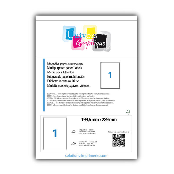 Lot de 100 planches a4 de 1 étiquettes à bords ronds 199 6 x 289 mm en papier blanc 70g/m² multifonction