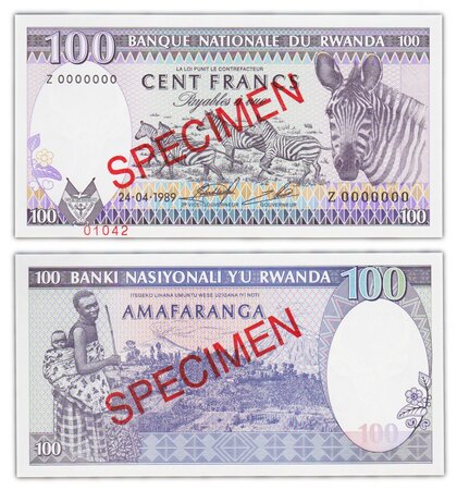 Billet de collection 100 francs 1989 rwanda - neuf - p18s specimen